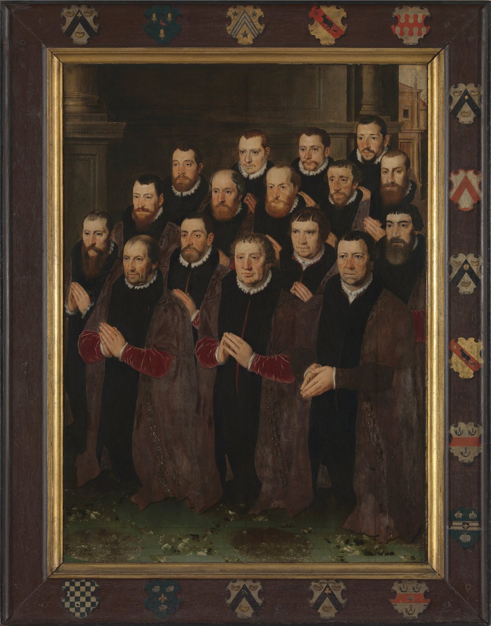 Paneel 1 mit 16 Porträts der Mitglieder der Confrérie van het Heilig Bloed von Pieter Jansz. Pourbus
