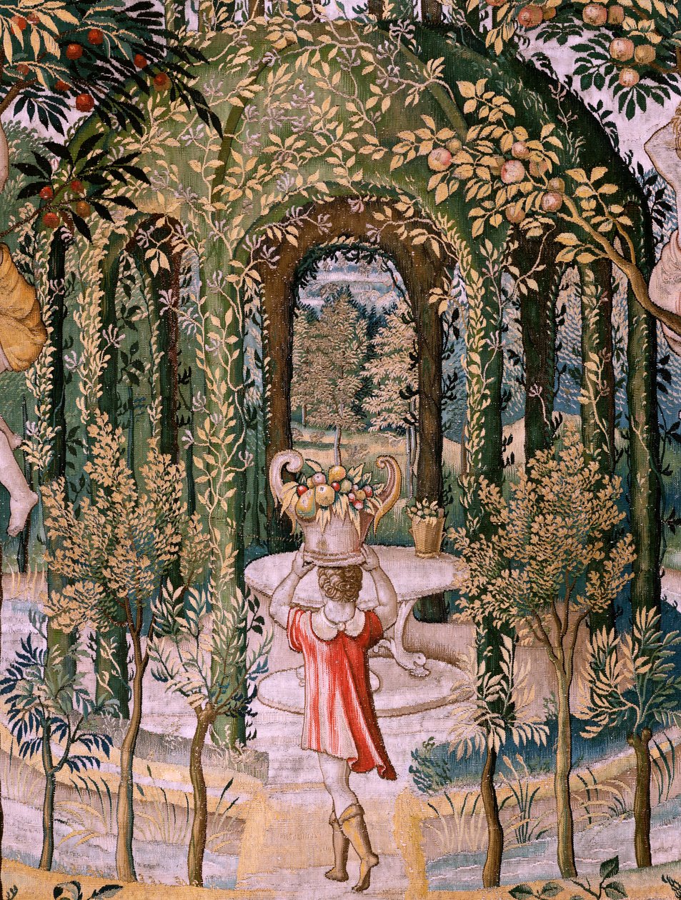 Flämischer Wandteppich. Serie Vertumnus und Pomona; Vertumnus verwandelt sich in einen Gärtner. Fünfter Wandteppich in der Serie. Modell Kreis von Pieter Coecke Van Aelst und Léonard Thiry. Herstellung Unbekannte Werkstatt, Brüssel, vor 1560. von Pieter (circle of) Coecke van Aelst