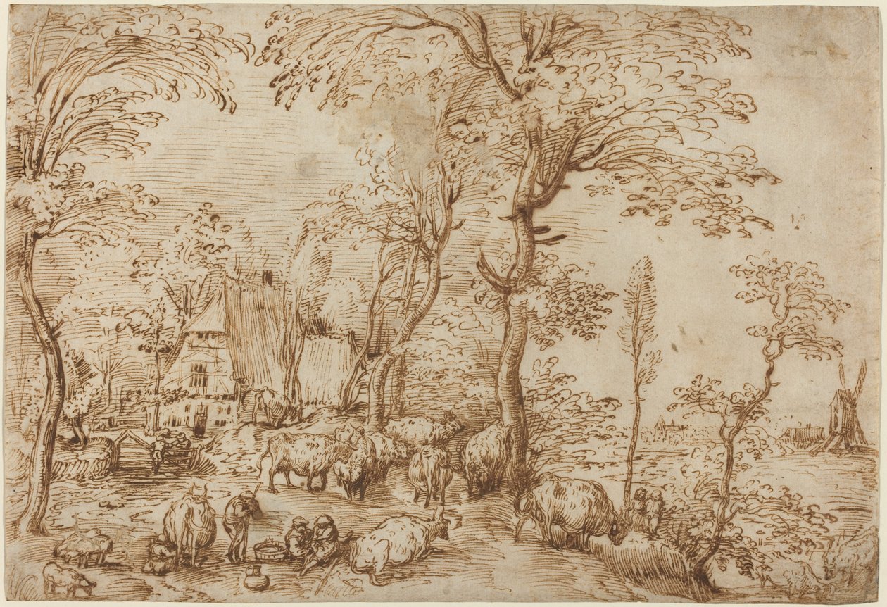 Bauern und Vieh in der Nähe eines Bauernhauses von Pieter Bruegel the Elder