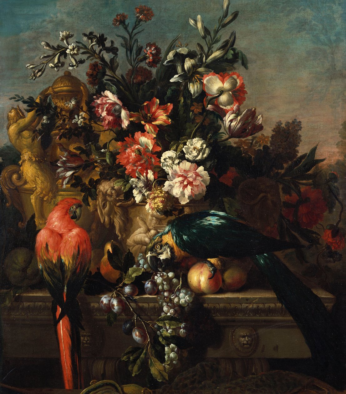Nelken und andere Blumen mit Papageien auf einem Sockel von Pieter Casteels
