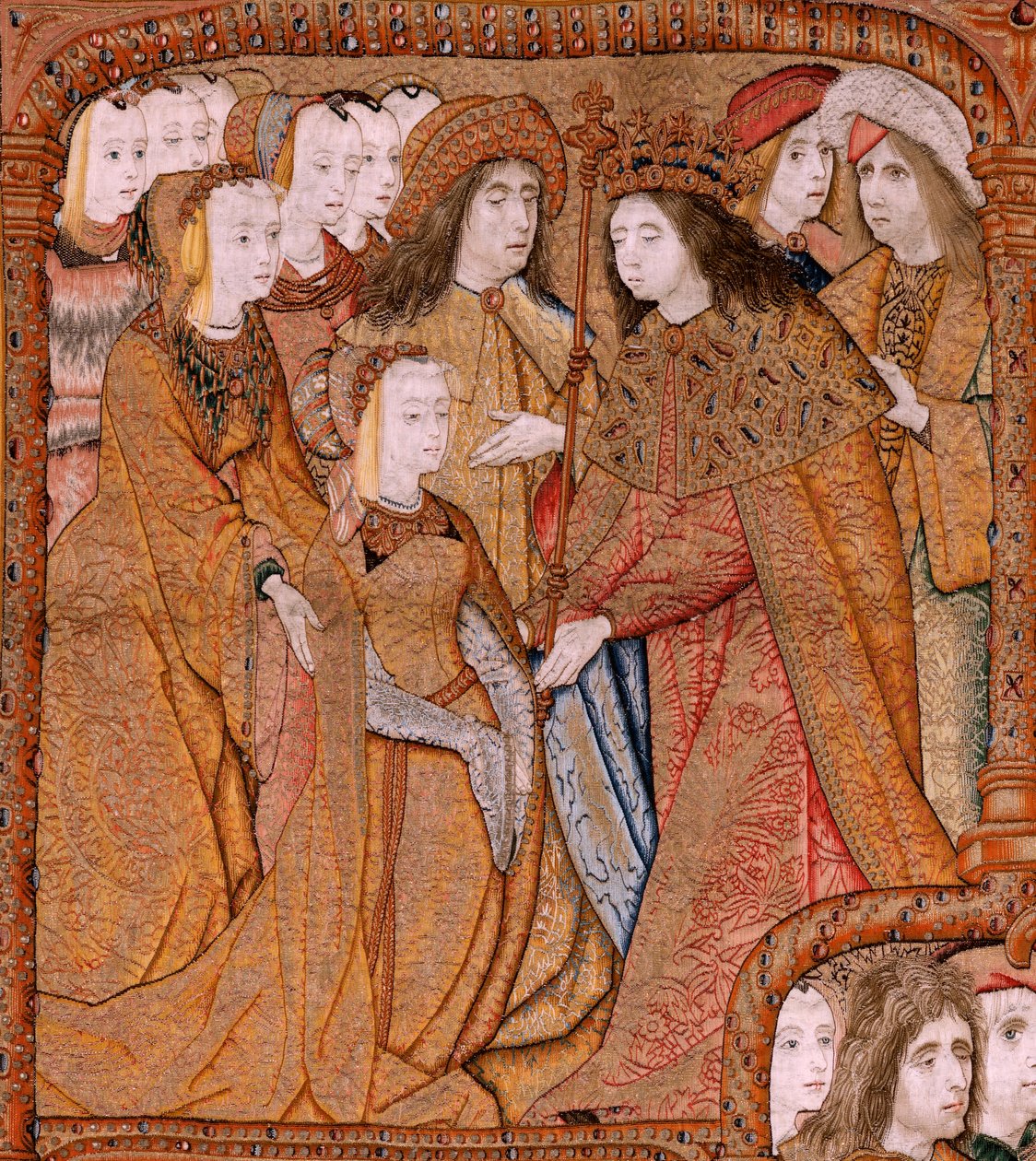 Serie Triumphe der Mutter oder Paños de Oro. Verkündigung (La Anunciación). Zweite Tapisserie in der Serie. Modell Colin de Cooter (?). Herstellung Pieter van Aelst (oder van Edingen), Brüssel. Ca. 1500-1502. von Pieter Coecke van Aelst