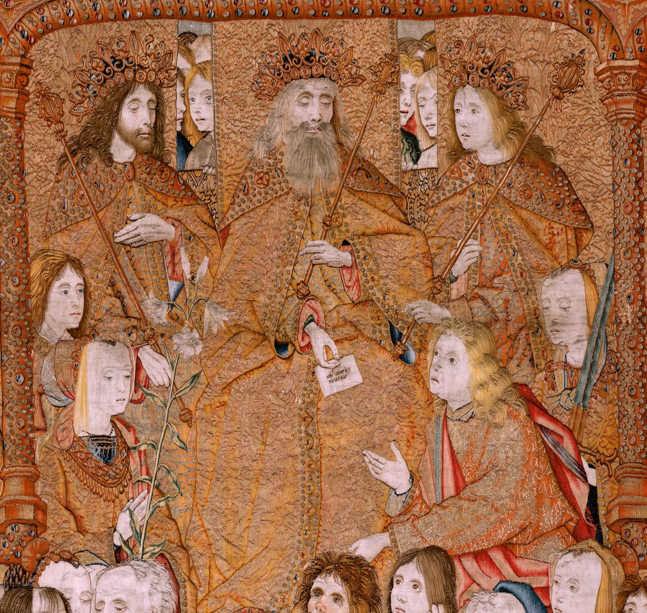 Serie Triumphe der Mutter oder Paños de Oro. Gott sendet den Erzengel Gabriel (Dios envía al Arcángel Gabriel). Erste Tapisserie in der Serie. Modell Colin de Cooter (?). Herstellung Pieter van Aelst (oder van Edingen), Brüssel. Ca. 1500-1502. von Pieter Coecke van Aelst