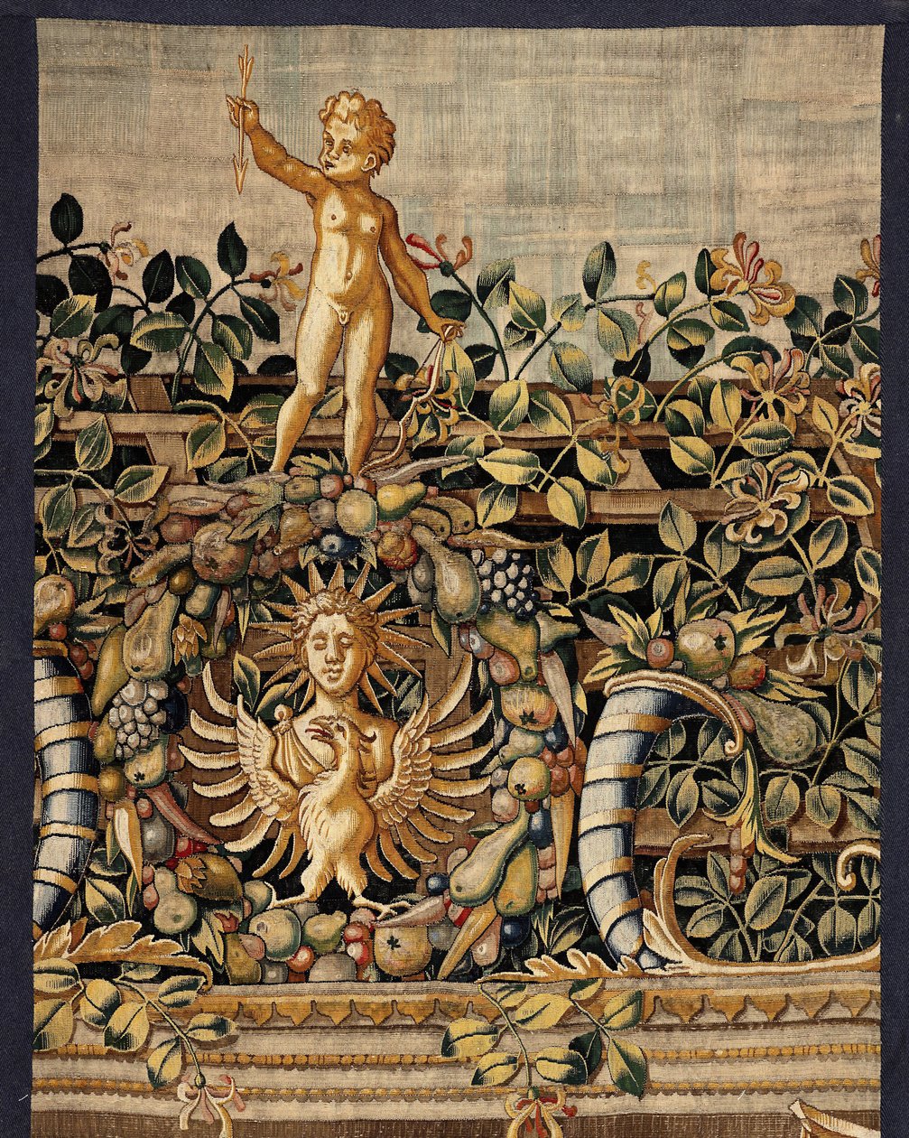 Vertumnus und Pomona: Vertumnus verwandelt in einen Fischer, um 1550 (Gold, Wolle und Seide) von Pieter Coecke van Aelst