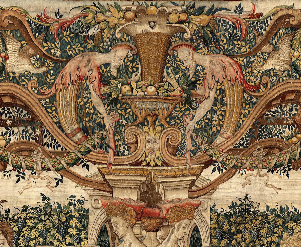 Vertumnus und Pomona: Vertumnus verwandelt sich in einen Baumschneider, um 1550 von Pieter Coecke van Aelst