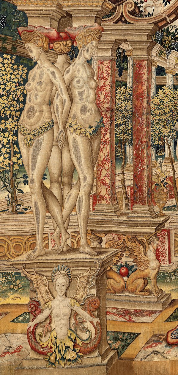 Vertumnus und Pomona: Vertumnus verwandelt sich in einen Baumschneider. ca. 1550 (Wandteppich) von Pieter Coecke van Aelst