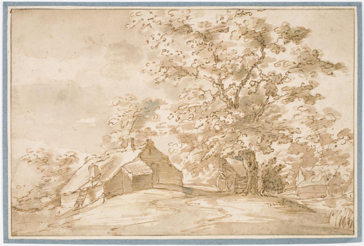 Landschaft mit einer großen Eiche neben Bauernhütten von Pieter Dircksz van Santvoort