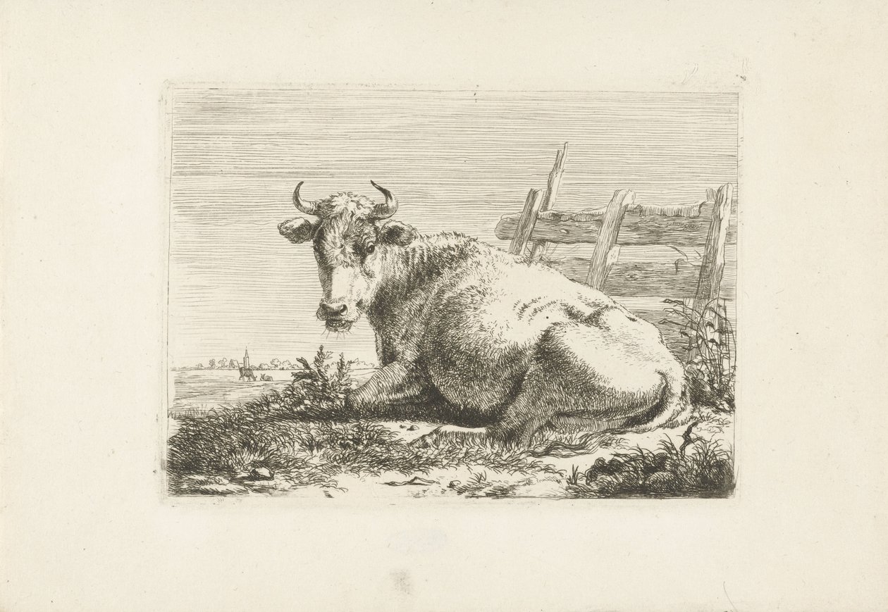 Liegende Kuh bei einem Zaun von Pieter Gerardus van Os