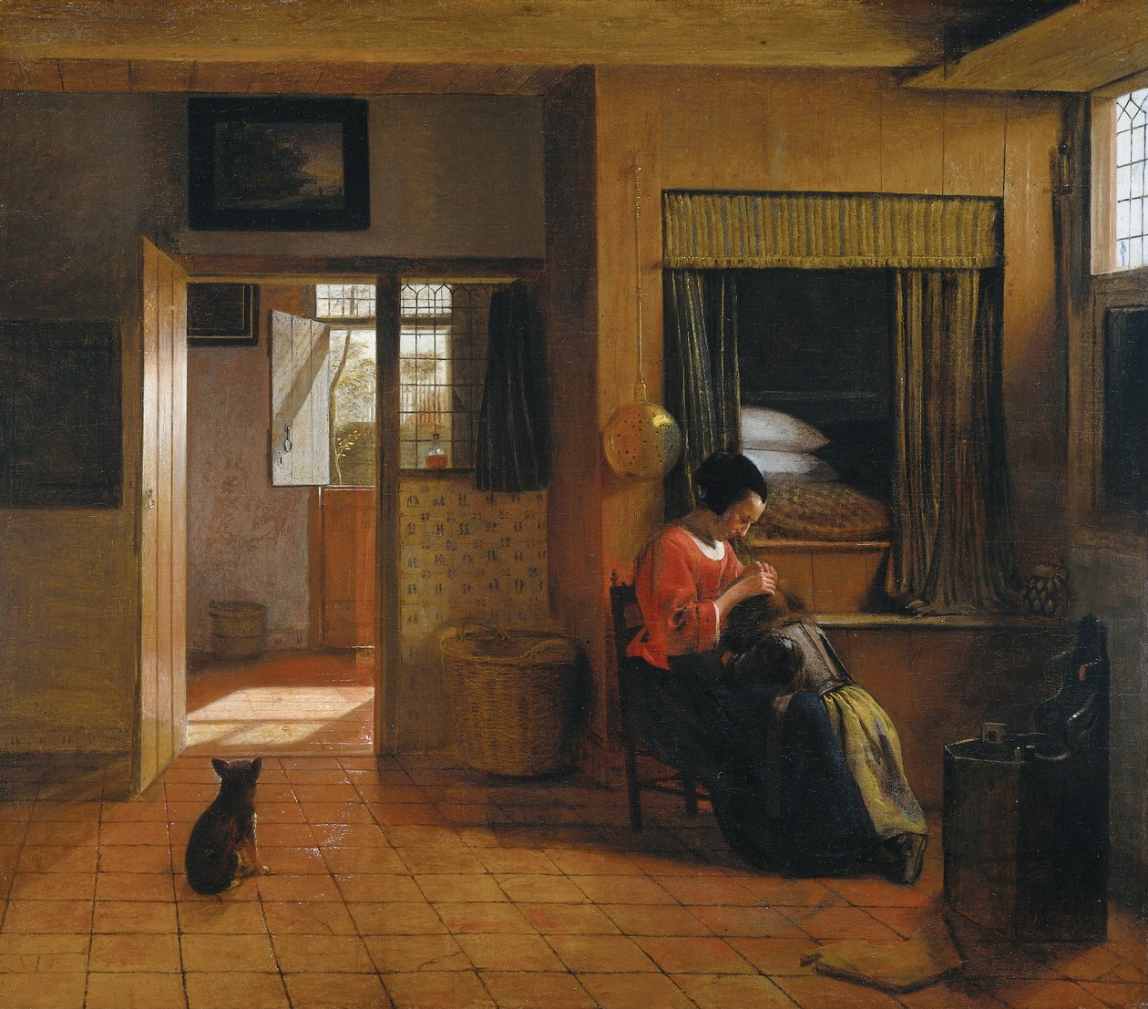 Innenraum mit einer Mutter, die das Haar ihres Kindes entlaust, Die Pflicht einer Mutter, 1659-1660 von Pieter Hooch de