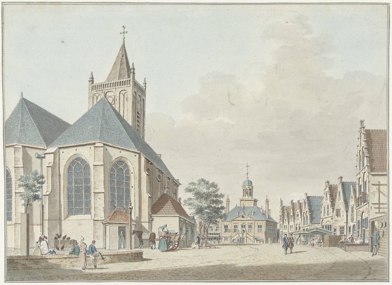 Der Markt in Vlaardingen mit der Kirche und dem Rathaus von Pieter Jan van Liender