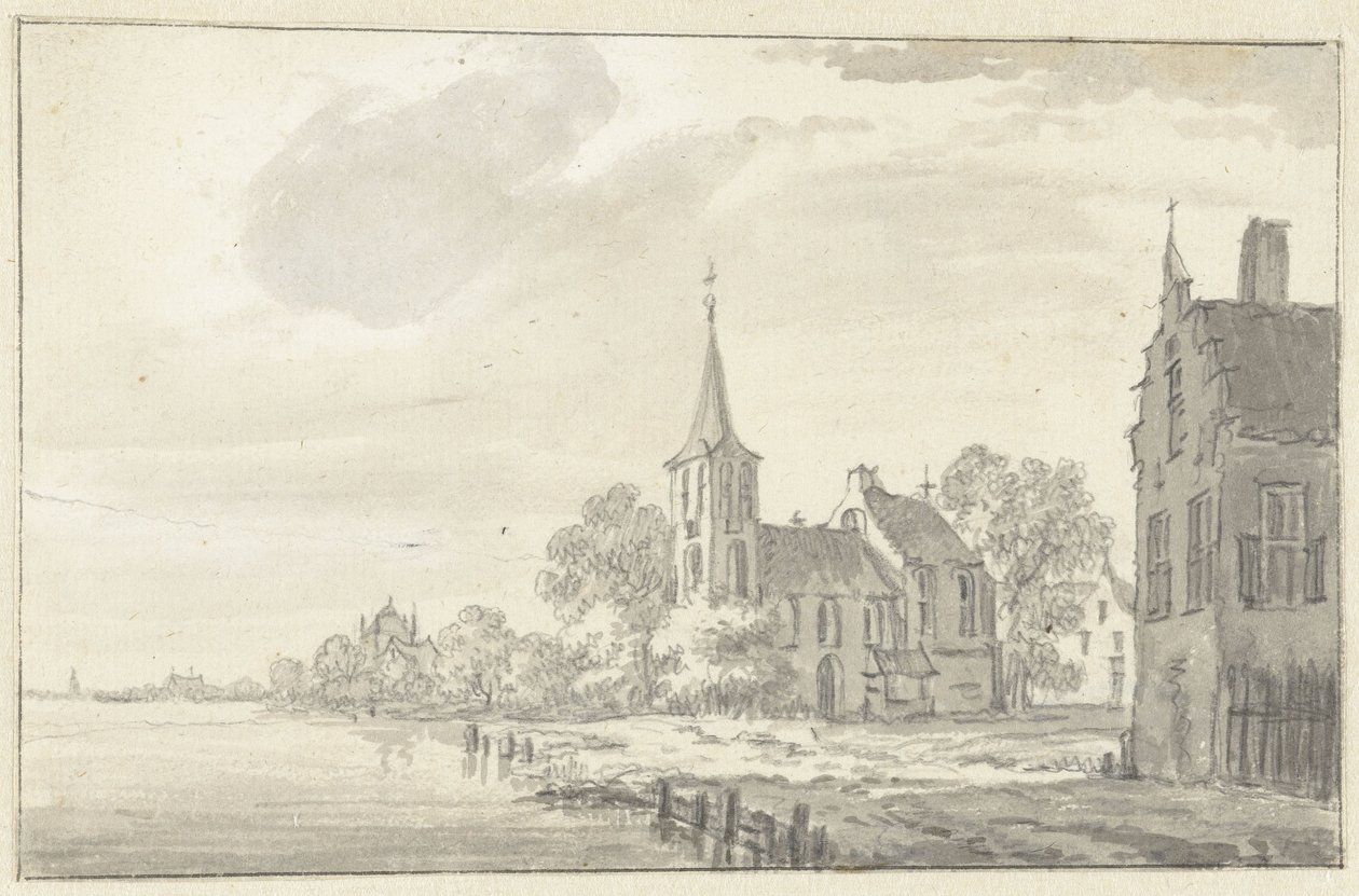Dorfkirche und Häuser an einem Fluss von Pieter Jan van Liender