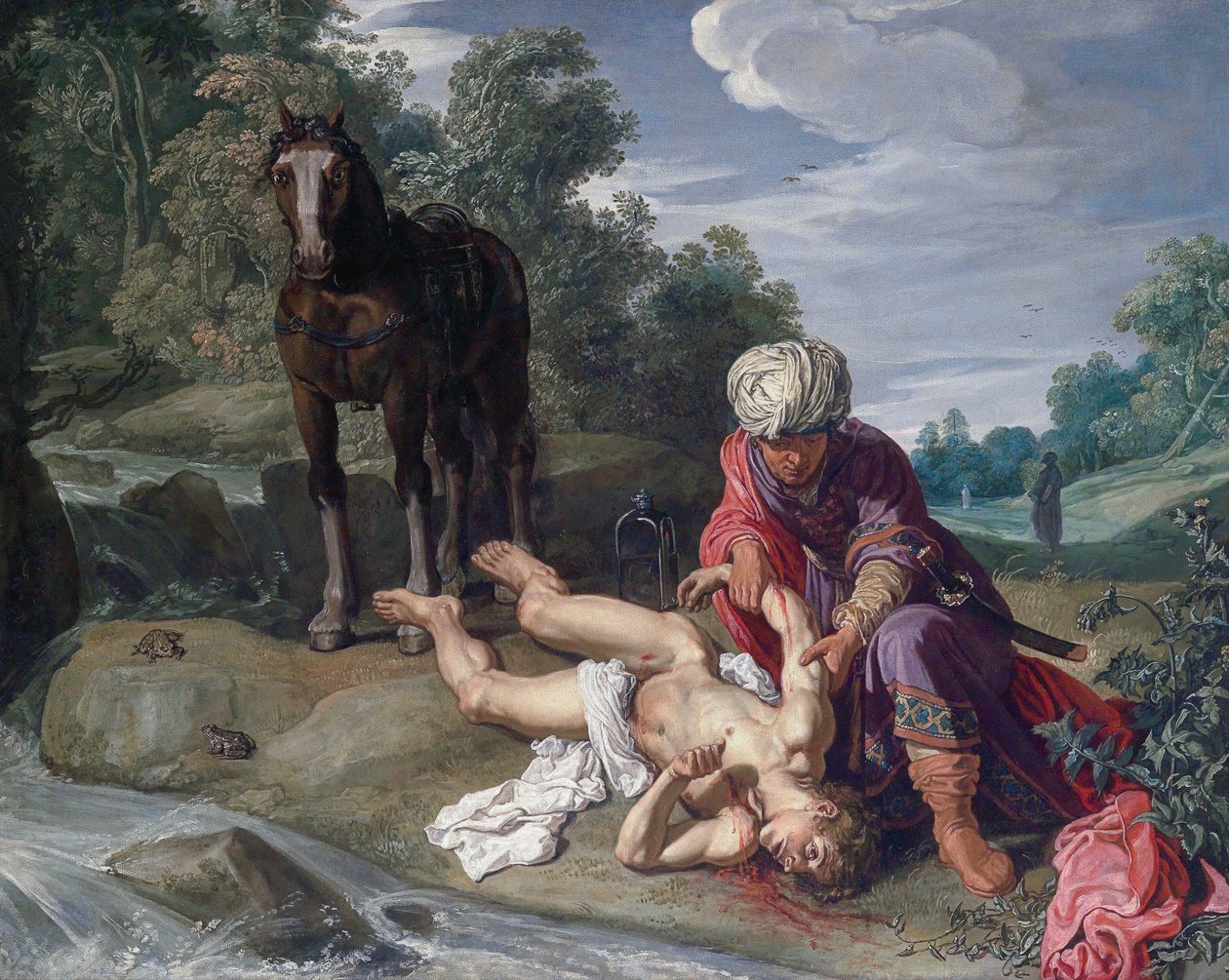 Der barmherzige Samariter, der die Wunden des Reisenden versorgt (Lukas 10:25-37) von Pieter Lastman