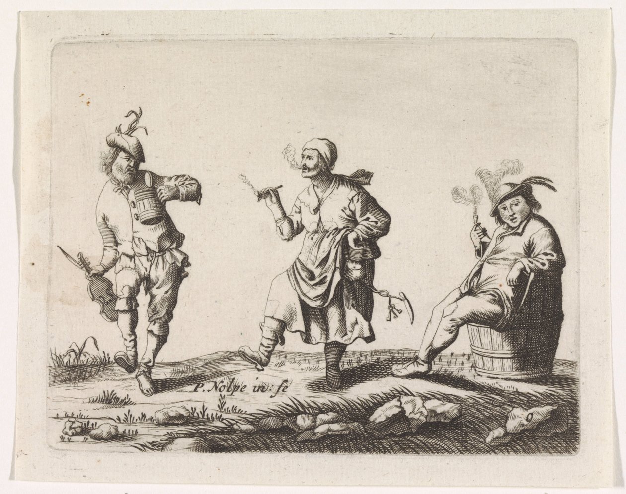 Tanzender Bauer und Bäuerin und ein Mann auf einem Fass von Pieter Nolpe