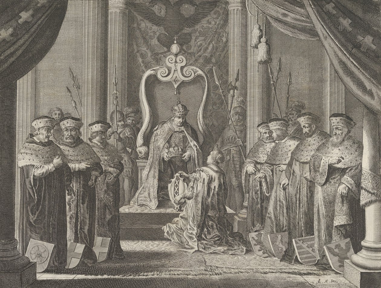 Tafel 8: Kaiser Maximilian II. verleiht dem Wappen von Amsterdam eine Krone, aus Cas..., 1638 von Pieter Nolpe
