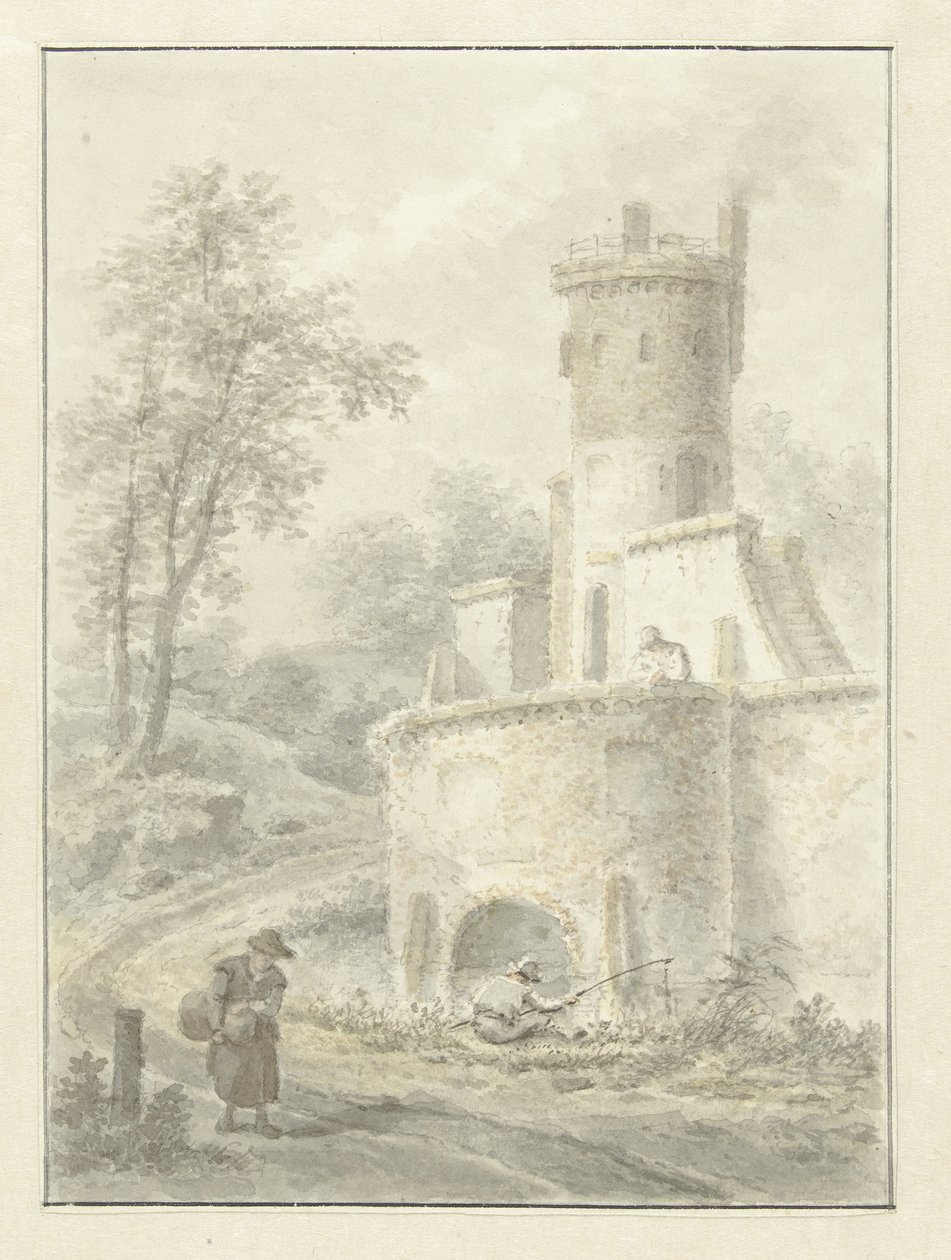 Landschaft mit Angler und spazierende Frau bei einem Festungsturm von Pieter Pietersz. Barbiers