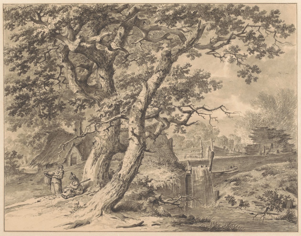 Landschaft mit kleinem Wasserfall unter zwei großen Bäumen von Pieter Pietersz. Barbiers