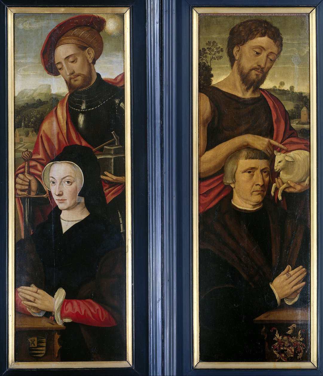 Zwei Flügel eines Triptychons mit Porträts von Stiftern mit den Heiligen Adrian und Johannes dem Täufer von Pieter Pourbus (attributed to)