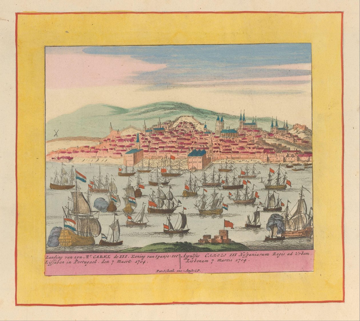 Ankunft der holländisch-englischen Flotte mit König Karl III. in Lissabon, 1704 von Pieter Schenk (I)