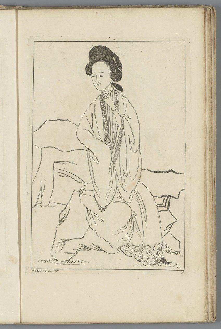Chinesische Frau mit ihrer rechten Hand im Ärmel ihres Kimonos von Pieter Schenk (II) (possibly)