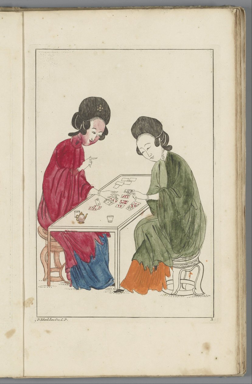 Zwei chinesische Frauen spielen ein Kartenspiel von Pieter Schenk (II) (possibly)