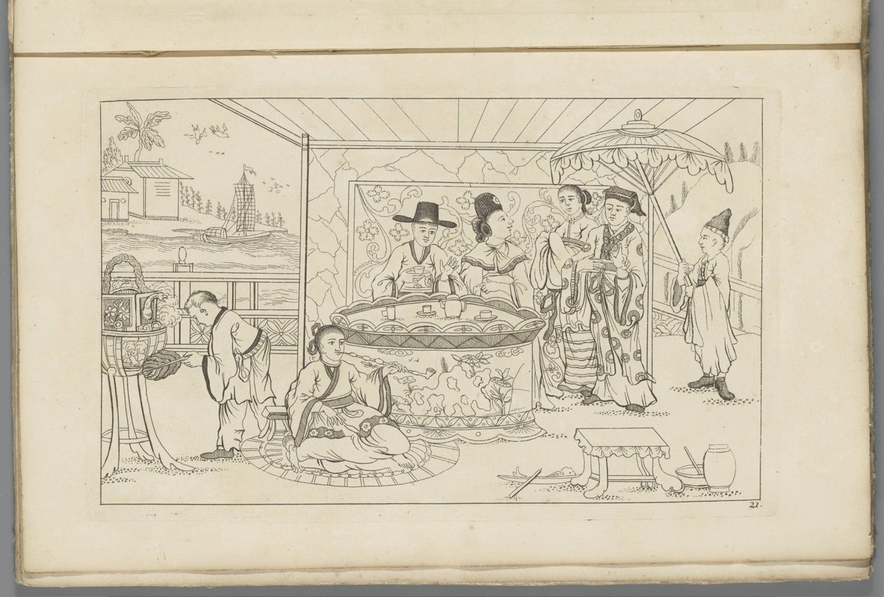 Chinesische Figuren um einen Teetisch von Pieter Schenk (II)