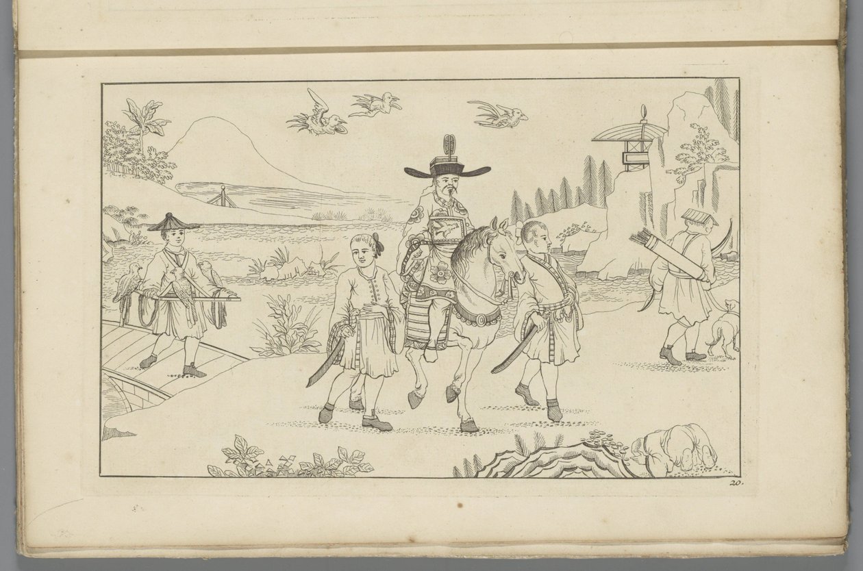 Chinesischer Herr zu Pferd auf Vogeljagd
Neu erfundene Chinesen mit großer Mühe gezeichnet und ins Licht gegeben, von P. Schenk Jun (...), zweiter Teil (Serientitel) von Pieter Schenk (II)