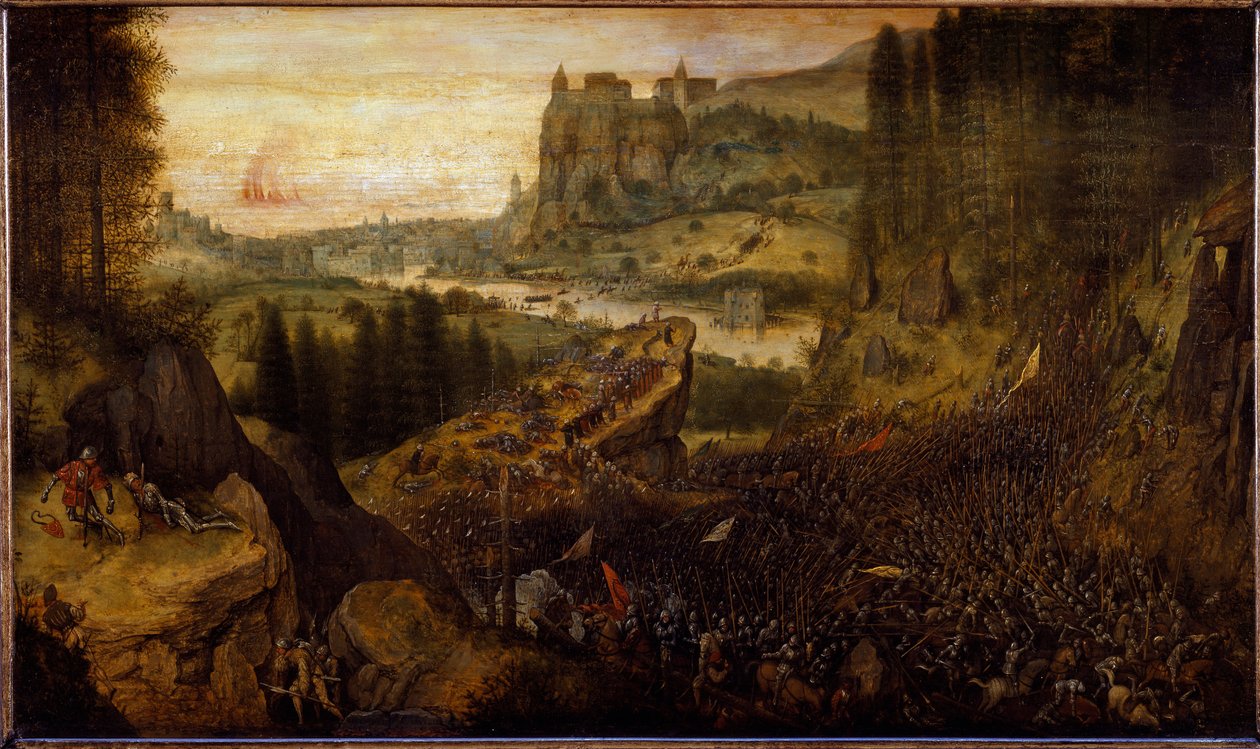 Schlacht zwischen Philistern und Israeliten: Saul und sein Knappe stürzen sich auf ihr Schwert von Pieter Bruegel the Elder