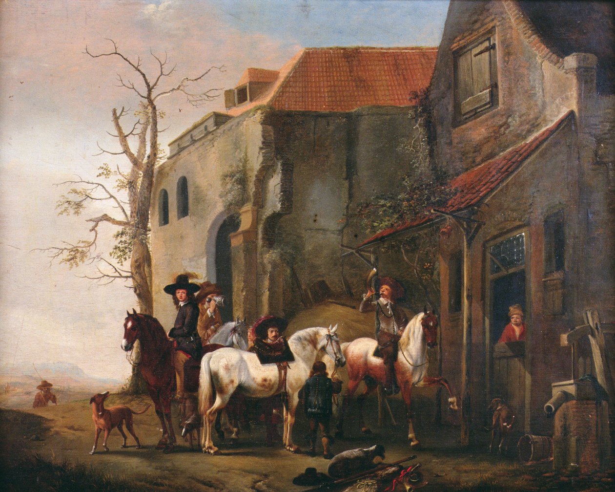 Reiter und Pferde an der Tür eines Gasthauses von Pieter Wouwermans or Wouwerman