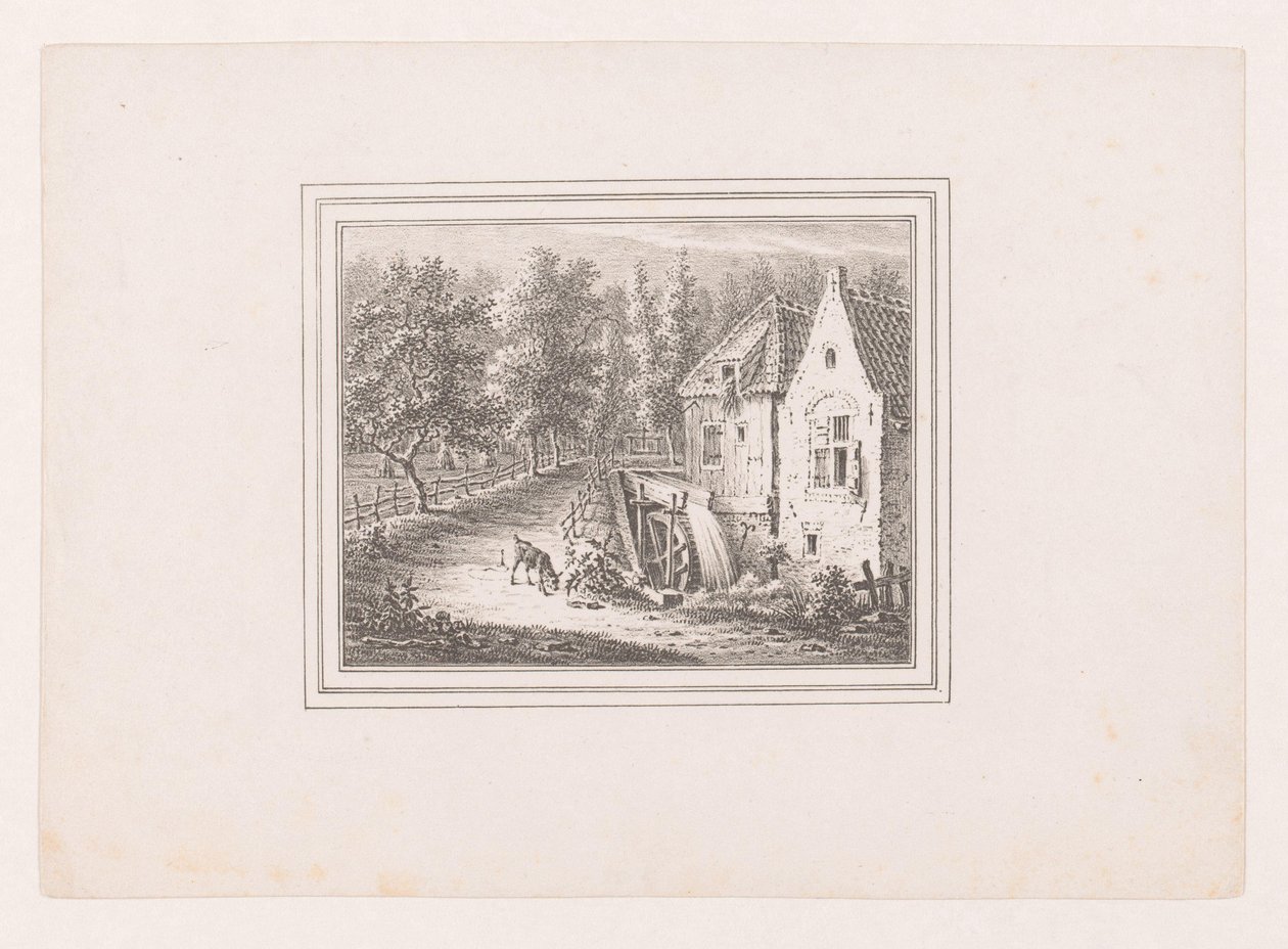 Landschaft mit Wassermühle und einer grasenden Ziege an einem Seil von Pieter de Goeje