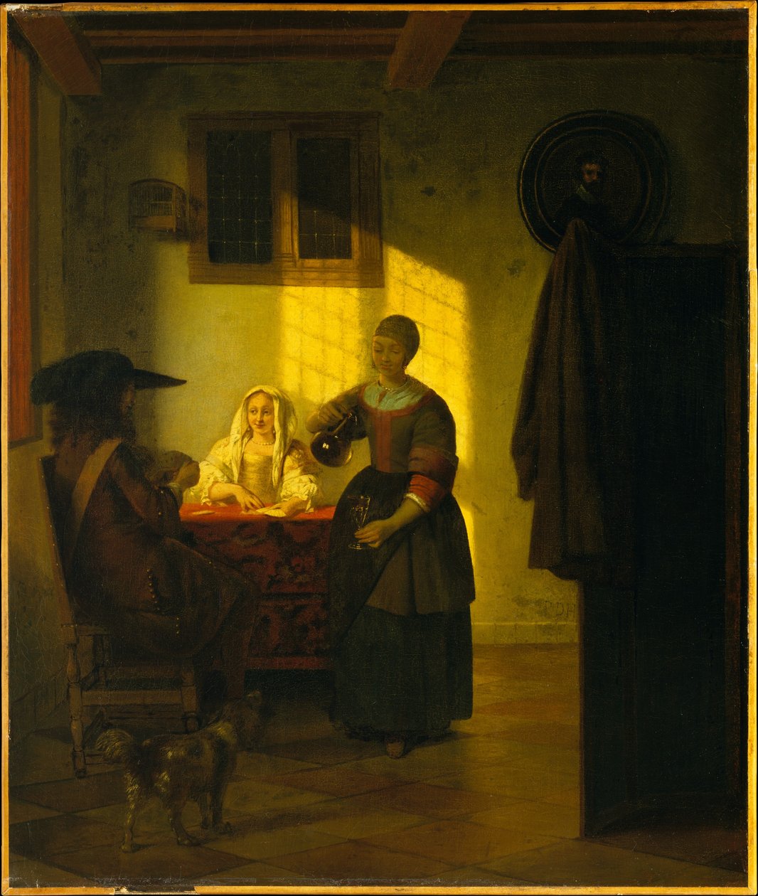 Ein Paar beim Kartenspiel mit einer Dienerin von Pieter de Hooch