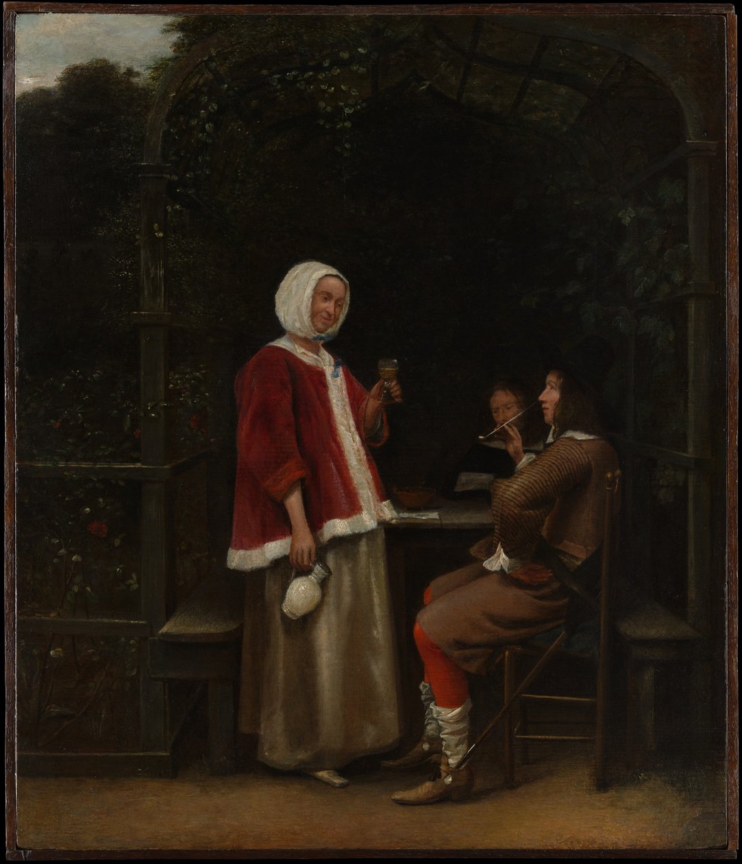 Eine Frau und zwei Männer in einer Laube von Pieter de Hooch