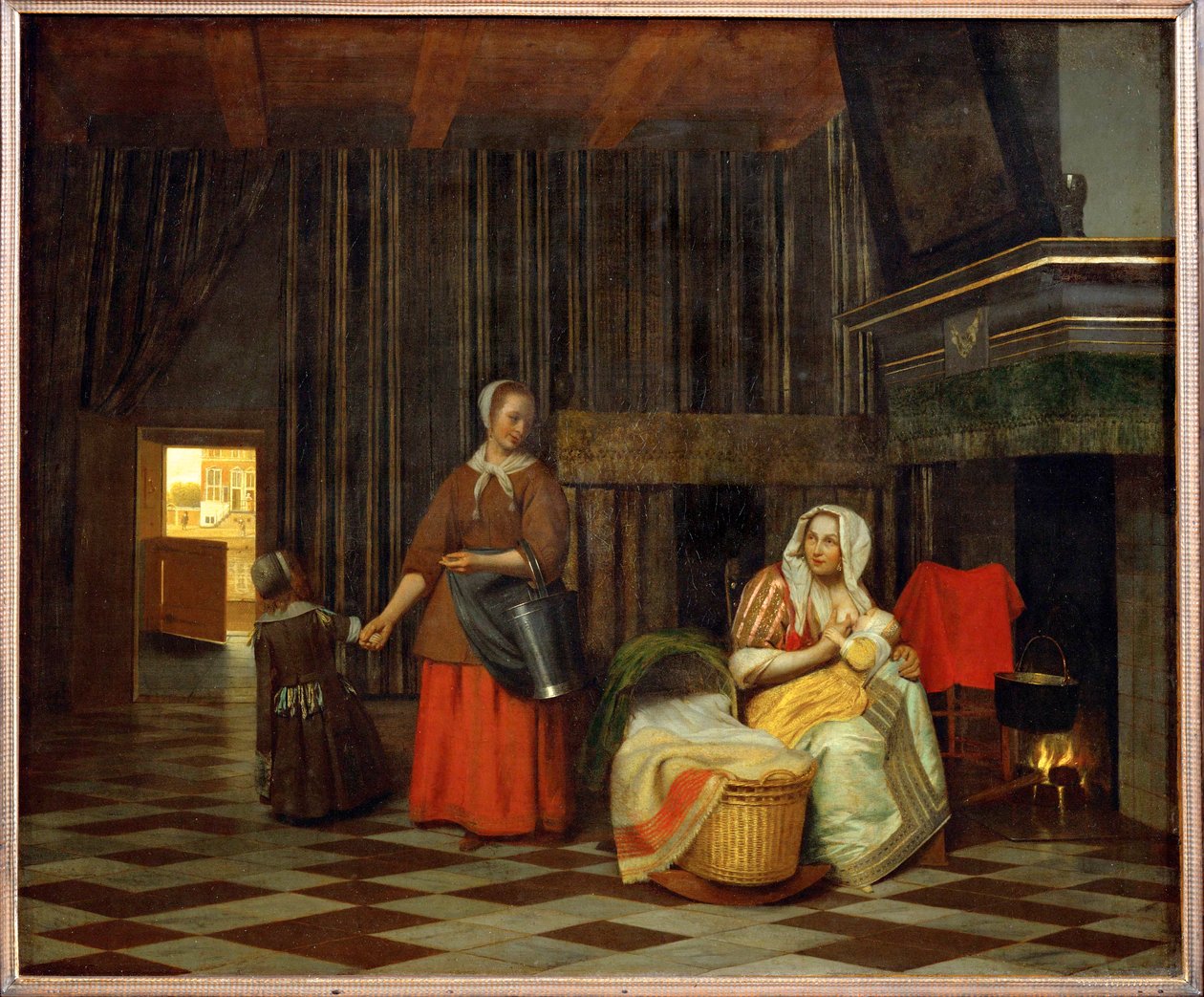 Innenraum mit Mutter, die ihr Kind füttert, und einer Magd von Pieter de Hooch