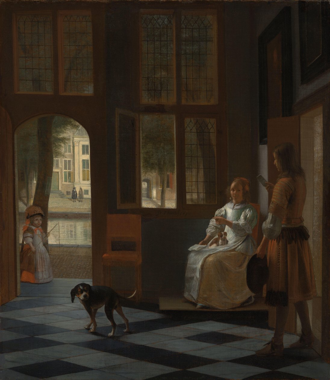 Mann übergibt einer Frau einen Brief in der Eingangshalle eines Hauses von Pieter de Hooch