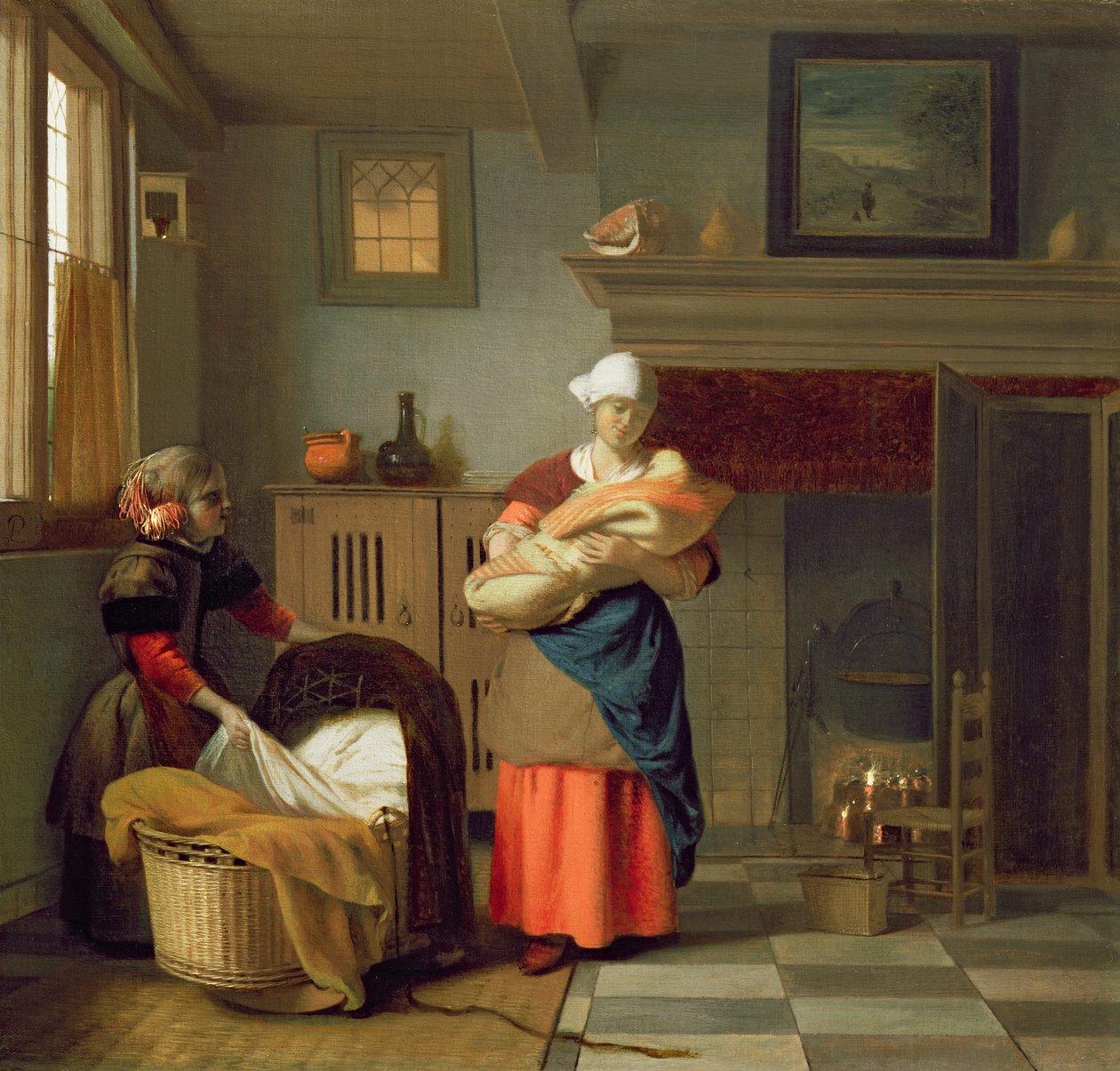 Kindermädchen mit Baby in einem Innenraum und ein junges Mädchen, das die Wiege vorbereitet von Pieter de Hooch