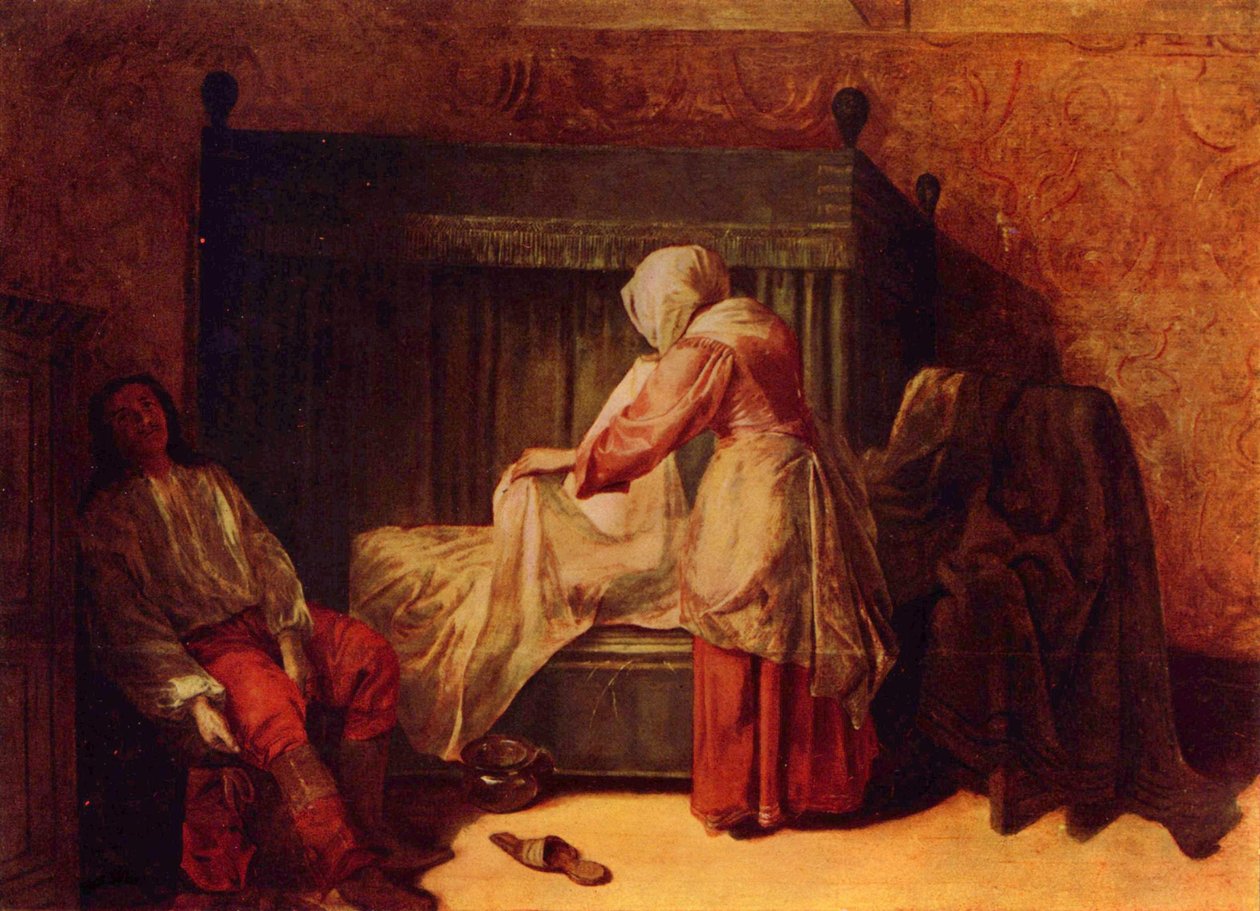 Soldat zieht einen Stiefel an und eine Frau macht ein Bett von Pieter de Hooch