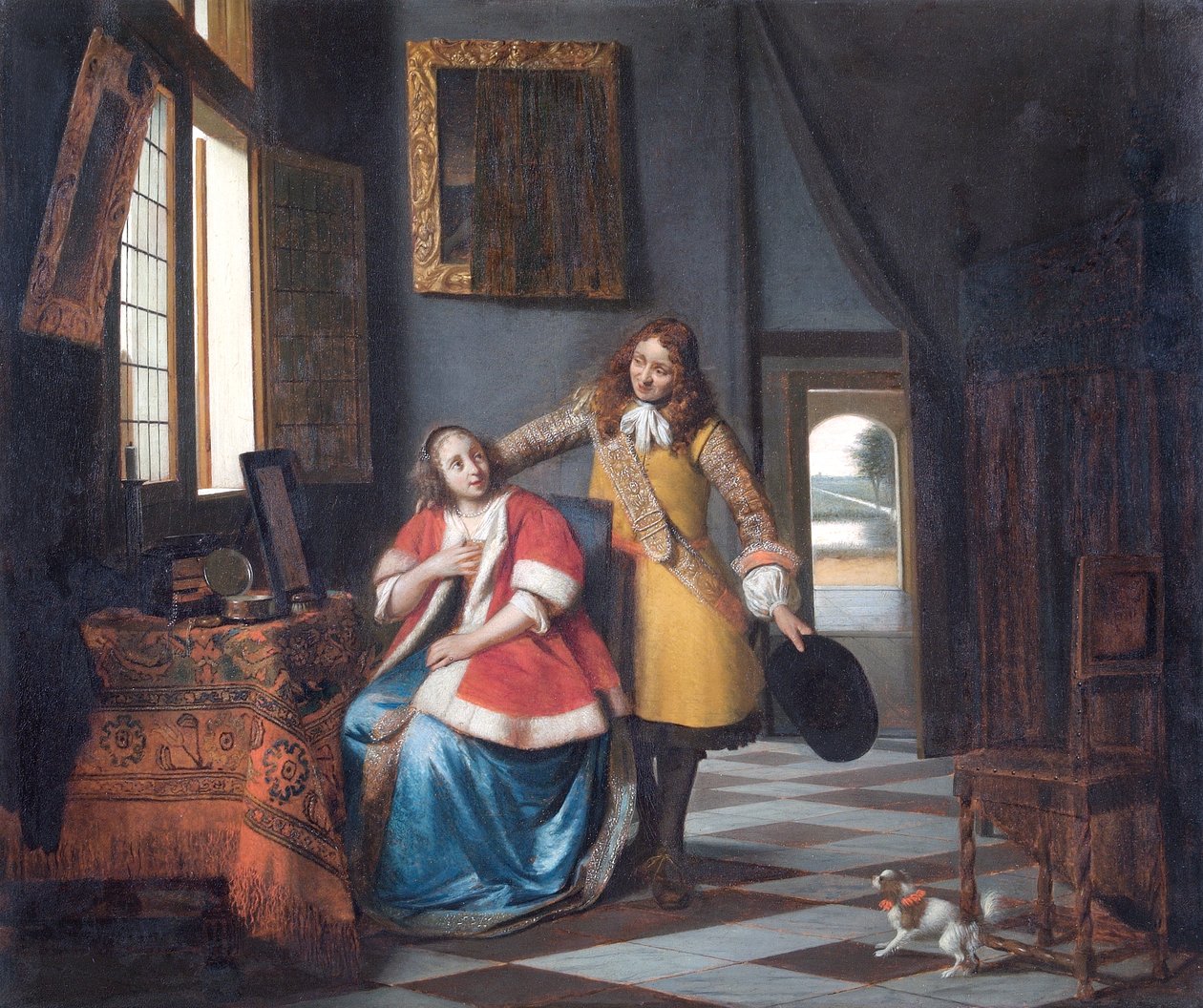 Der Eindringling: Eine Dame an ihrem Toilettentisch, überrascht von ihrem Liebhaber von Pieter de Hooch