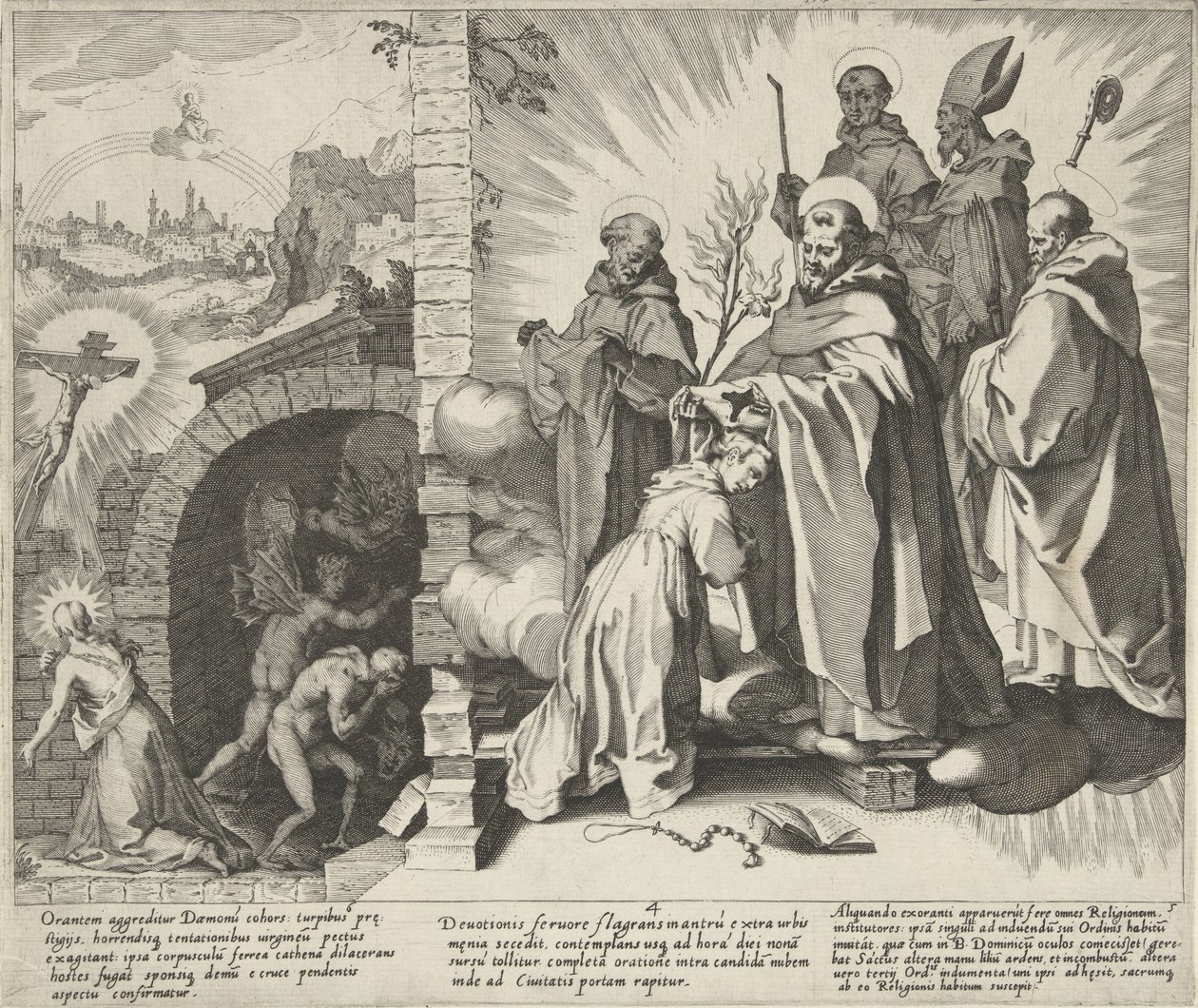 Katharina betend / Vision von Katharina / Katharina wird Dominikanerin (Scènes uit het leven en wonderen van de Heilige Catharina van Siena) von Pieter de Jode (I)