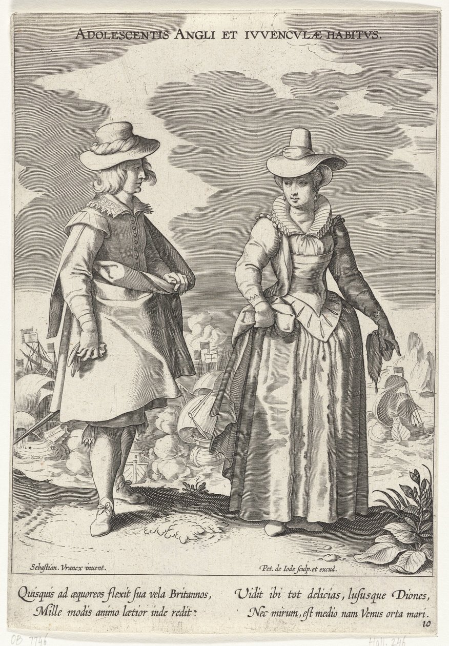 Paar, gekleidet nach englischer Mode, ca. 1610 (Adolescentis Angli et Ivvenclvae Habitvs) (Kostüme aus verschiedenen Ländern) (Variarum Gentium Ornatus) von Pieter de Jode (I)