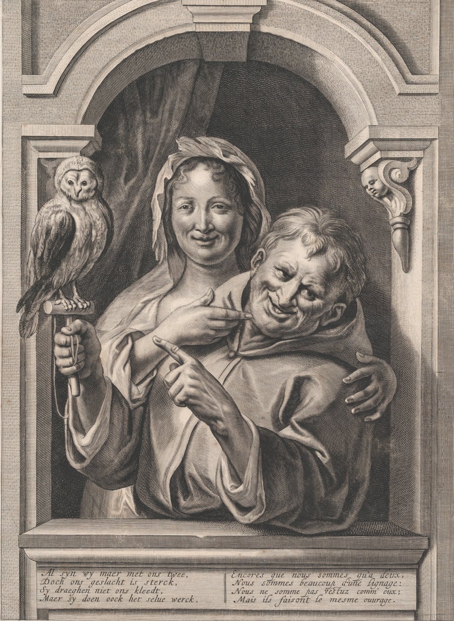 Ein Narr mit einer Eule und einer Frau am Fenster von Pieter de Jode II