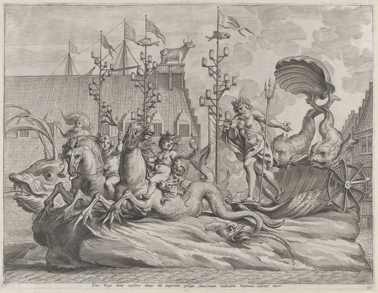 Platte 35: Philipp von Spanien als Neptun, reitend in einem von zwei Seepferdchen gezogenen Wagen von Pieter de Jode II