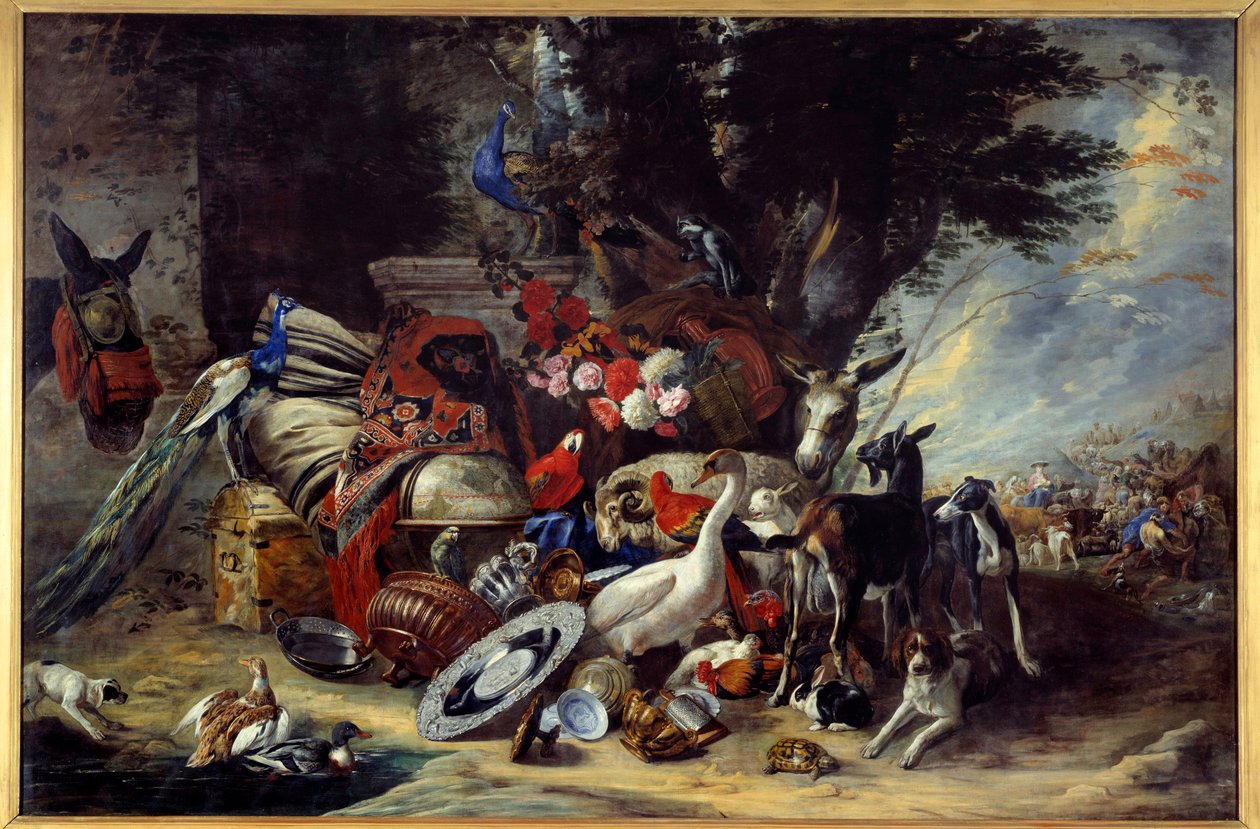 Tiere und Utensilien, auch genannt Jakobs Aufbruch nach Mesopotamien. Gemälde von Pieter Boel von Pieter or Peter Boel
