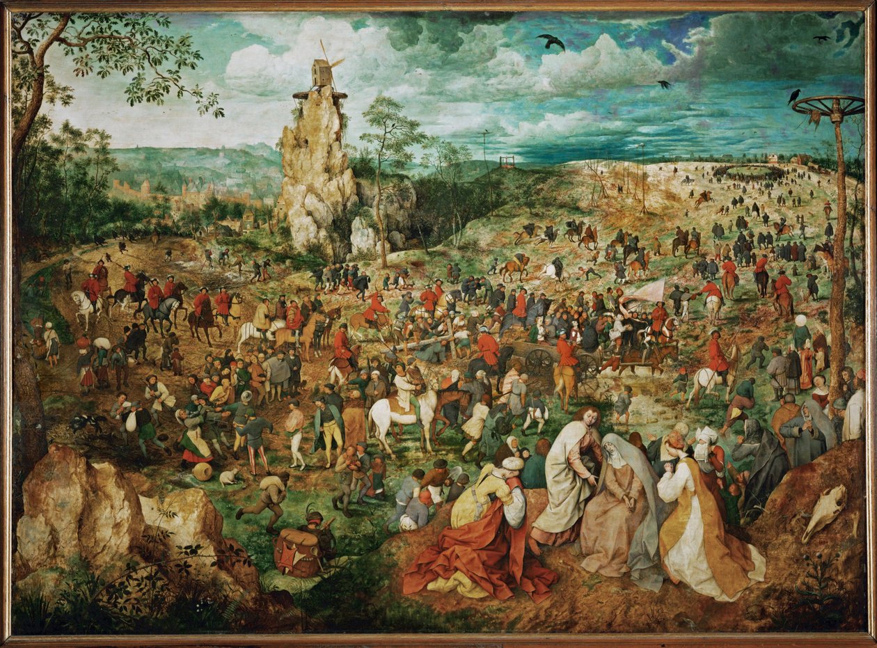 Das Tragen des Kreuzes mit Bruegels Selbstporträt rechts vom Baumstamm von Pieter the Elder Bruegel