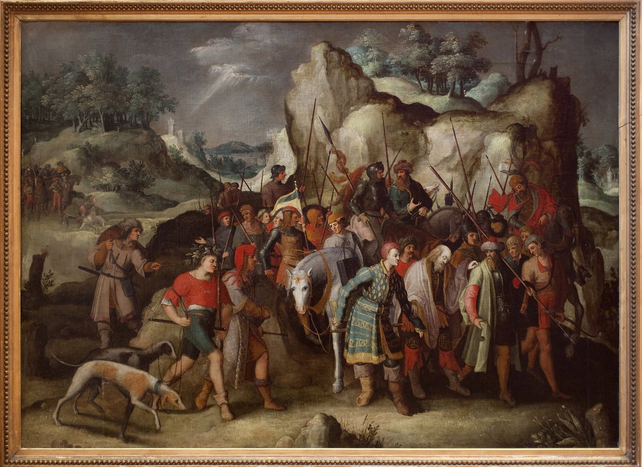 Der heilige Paulus wird nach Damaskus (Syrien) geführt, nach seiner Bekehrung. Dieses Gemälde, direkt nach einem Stich von Lucas de Leiden (1509), stellt die Episode nach dem Sturz vom Pferd des Saulus von Tarsus dar, der nach seiner Bekehrung zum heiligen von Pieter the Younger Brueghel
