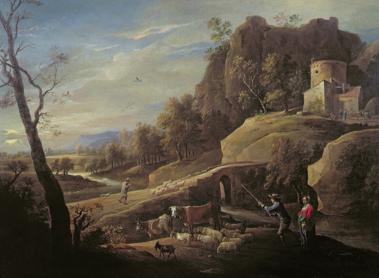 Landschaft mit Bauern, die ihre Tiere versorgen von Pieter the Younger Mulier