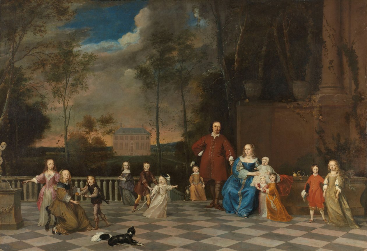 Der Amsterdamer Kaufmann Jeremias van Collen (1619-1707) mit seiner Frau und ihren zwölf Kindern von Pieter van Anraedt