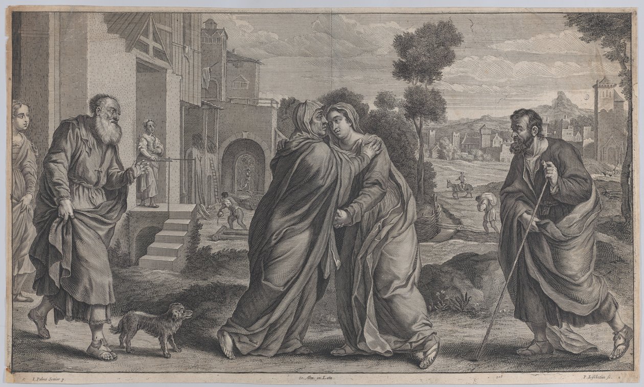 Heimsuchung, Heilige Elisabeth umarmt die Jungfrau in der Mitte, während der Heilige Josef zu Fuß geht, ca. 1656-1660 von Pieter van Lisebetten