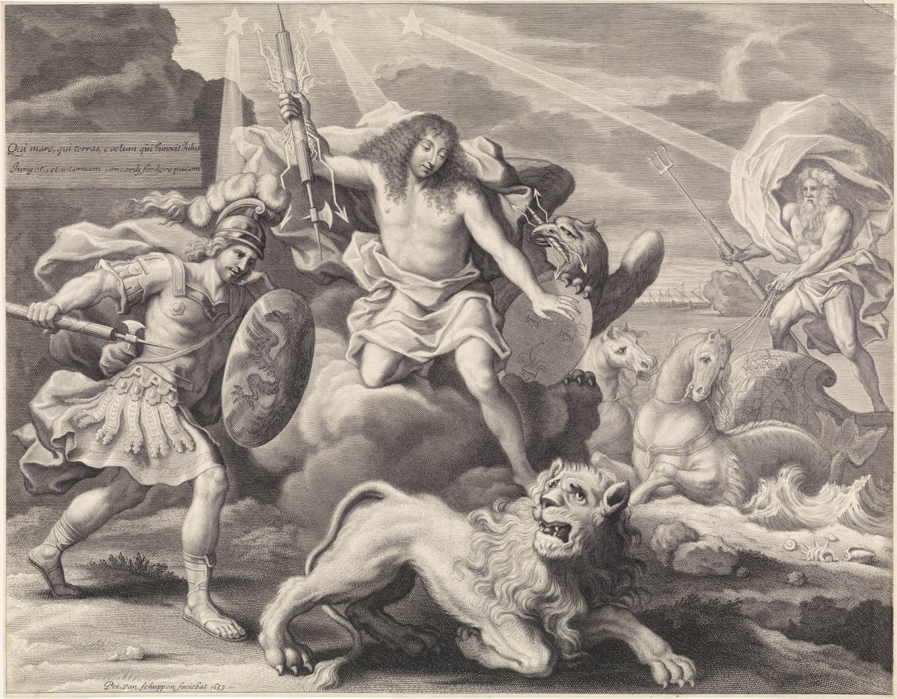 Werbeprint mit allegorischer Darstellung von Ludwig XIV. als Jupiter, 1659 von Pieter van Schuppen