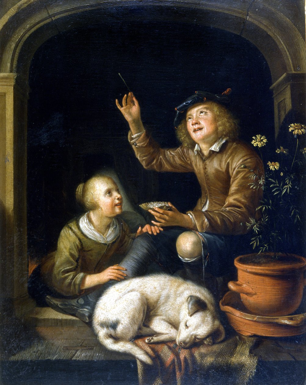 Die Seifenblase. Gemälde von Pieter Corneliszoon van Slingelandt (1625 - 1691). Mailand Museo del Castello. von Pieter van Slingelandt