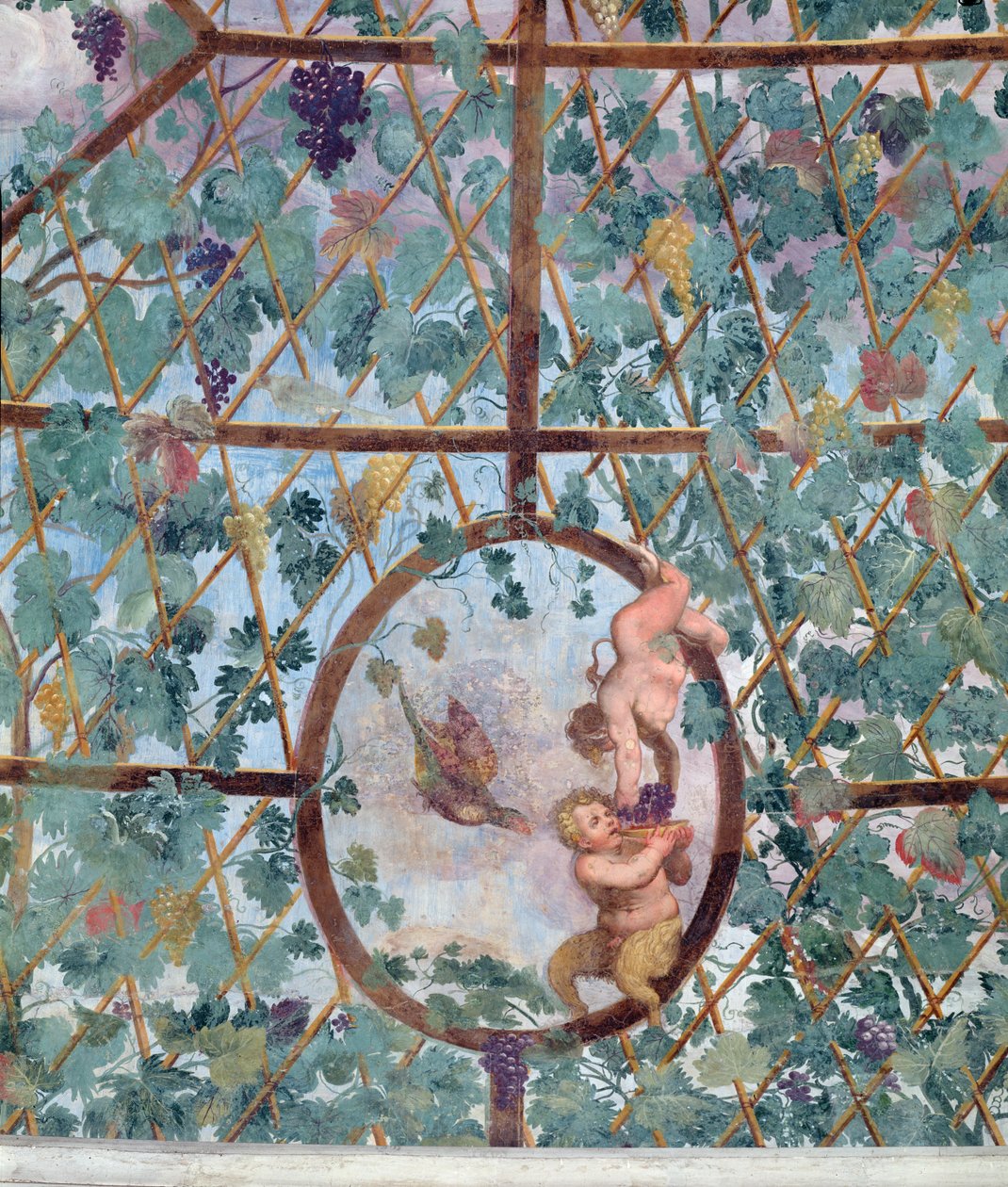 Der halbkreisförmige ionische Portikus, Detail des Deckenwölbungs mit einem Putto, der einem jungen Satyr Trauben füttert, 1551-55 von Pietro Venale