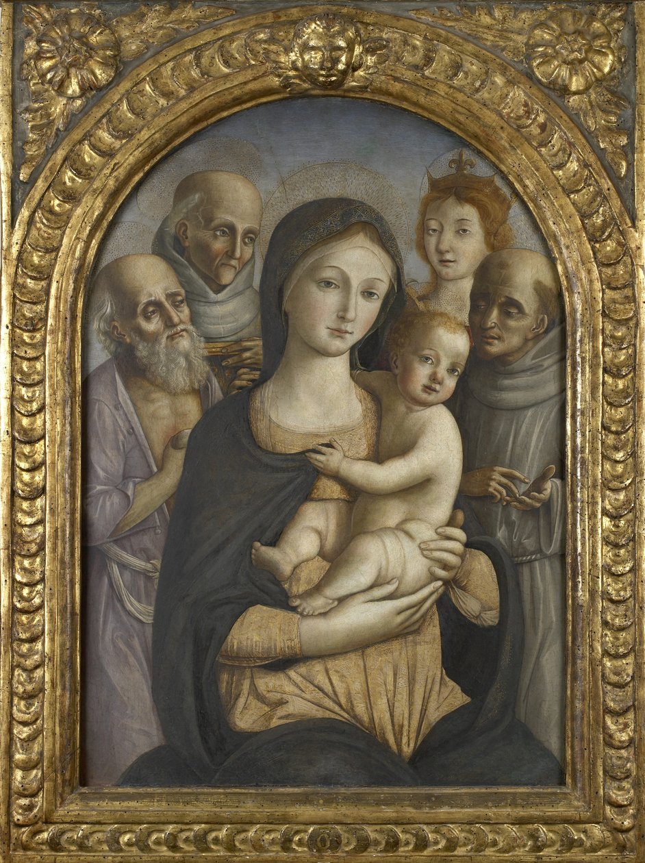 Die Jungfrau und das Kind mit den Heiligen Hieronymus, Bernhardin von Siena, Katharina von Alexandria und Franziskus, 15. Jahrhundert von Pietro di Francesco degli Orioli