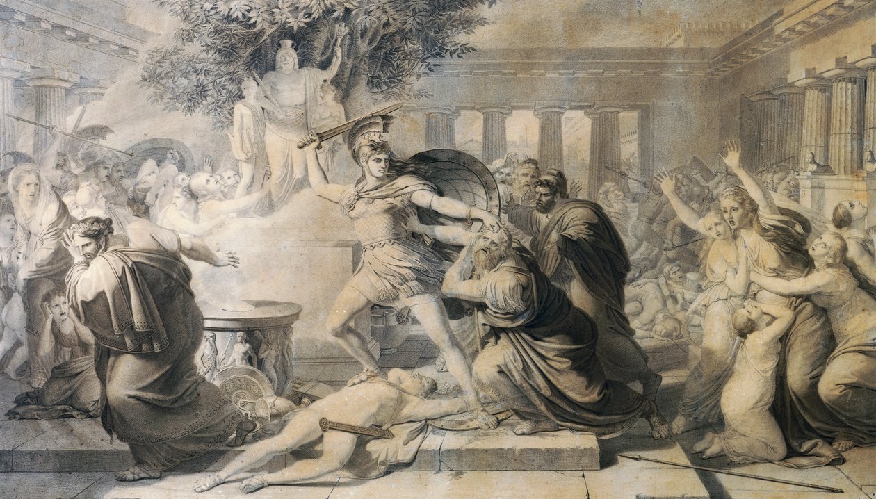 Tod des Priamos, von Pietro Benvenuti (1769-1844), Druck nach einem Gemälde von 1811 von Pietro Benvenuti